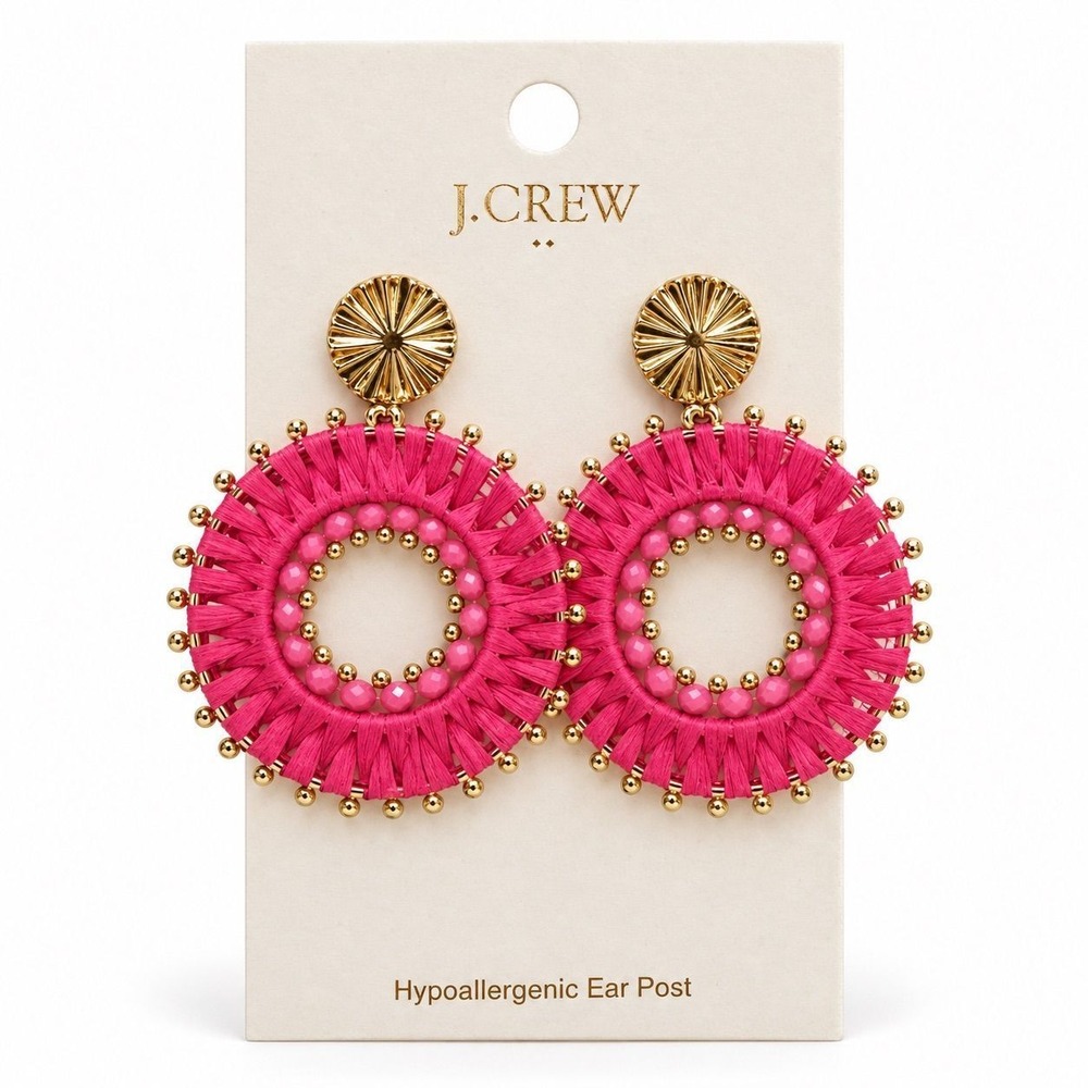 J. Crew Pink Beaded Circle Drop Earrings Gold Tone Hypoallergenic NWT $44